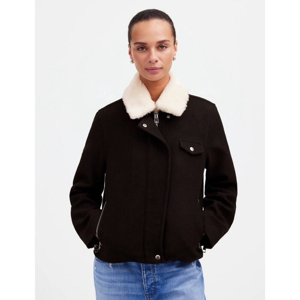 Madewell Jacket WMNS L Black Solid Asymmetric Zip Wool Cashmere Moto Aviator